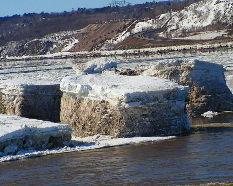 Broken ice floating out towards the North Atlantic